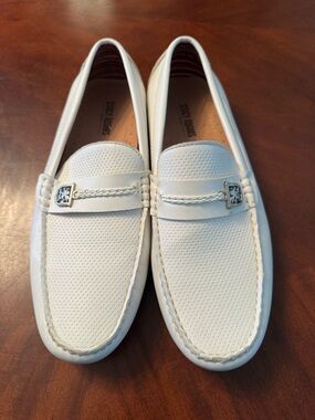 Stacy Adams White Perforated Leather Penny Loafers with Braided Strap